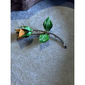 Vintage Giovanni Signed Long Stem Orange Enamel Rose Brooch Pin - Gold Tone